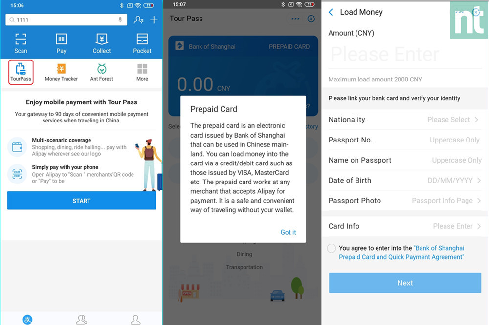 Alipay Tour Pass phone interface showing balance and payment options