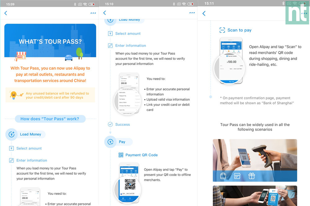 Alipay Tour Pass step-by-step setup screenshots