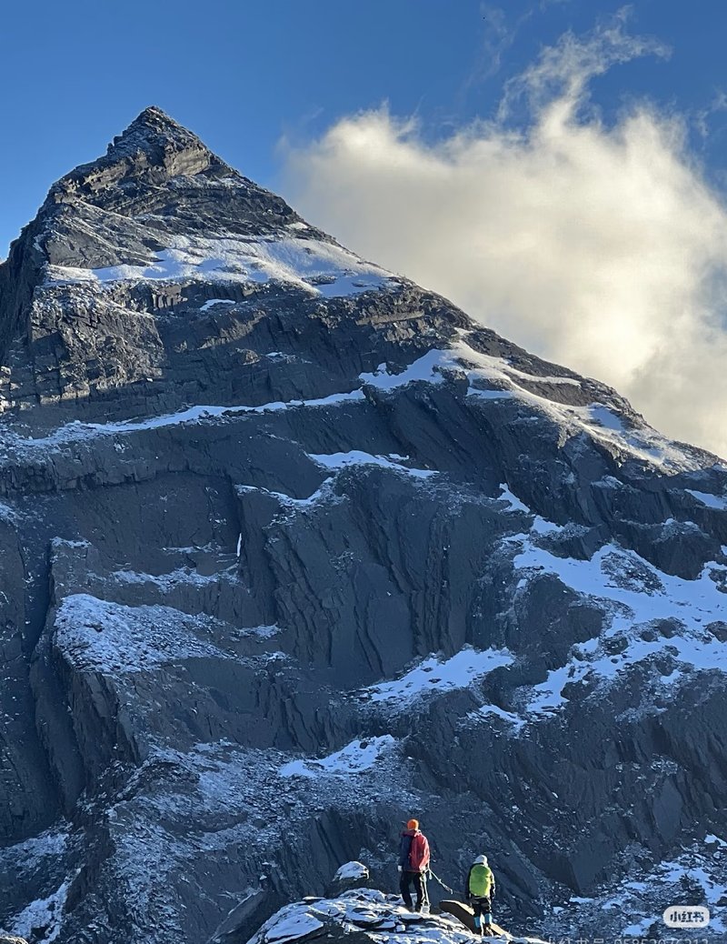 Two climbers on rocky outcrop facing steep mountain face at Mount Siguniang