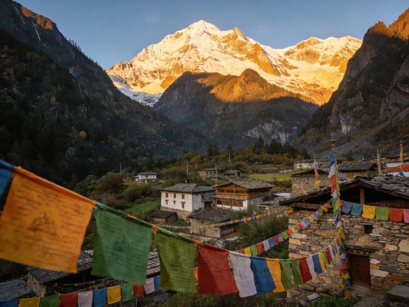Yubeng village nestled in a Tibetan valley surrounded by snow peaks